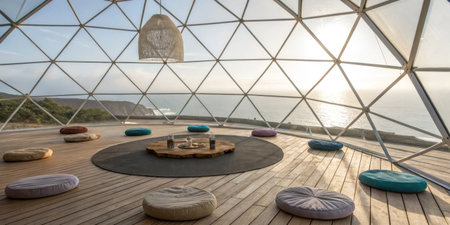 Spacious geodesic dome features colorful cushions arranged around a wooden table. The ocean view...
