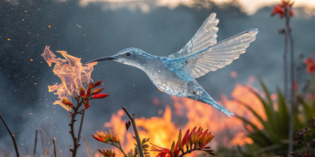 A vibrant hummingbird hovers near blooming flowers, surrounded by an intense blaze in the background during a golden hour, illustrating the fierce battle between life and fire.の写真素材