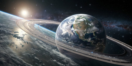 In a breathtaking view of the universe, Earth is seen with stunning rings reminiscent of Saturn, bathed in sunlight. This celestial scene captures the beauty of space and planetary formations.の写真素材