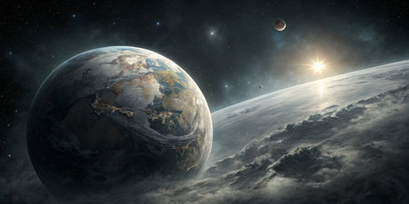 A stunning view showcases Earth alongside other planets in a dark cosmic expanse filled with stars...