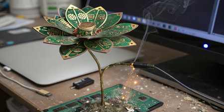 A unique art piece resembling a lotus flower made of circuit board materials emits smoke and sparks...