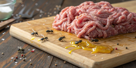 Fresh ground meat is placed on a wooden cutting board, accompanied by insects. Surrounding elements...