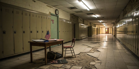 In a derelict school hallway, a single wooden table holds papers and an American flag, while cracked tiles and empty lockers line the walls, hinting at days long past.の写真素材