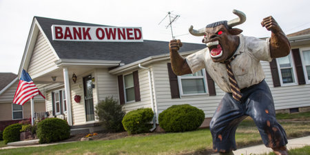 A striking bull statue with glowing red eyes is positioned aggressively outside a bank owned property. The house displays a prominent sign indicating it is bank owned. An American flag is visible.の写真素材