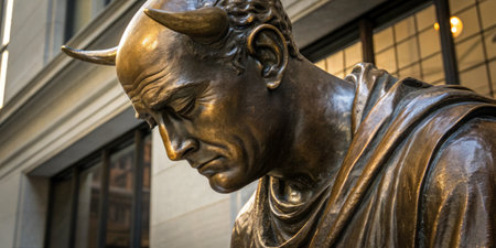 A detailed bronze sculpture depicts a solemn figure with horn-like appendages, set in an urban...