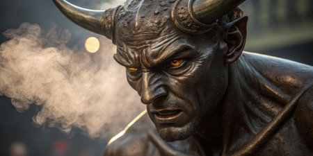 A muscular figure with prominent horns and glowing eyes exhales a misty breath in a dimly lit...