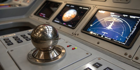Detailed view of a control panel featuring a joystick and multiple screens showing data related to a...