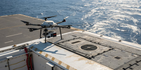 A drone is launching from the deck of a ship, hovering above the sparkling blue ocean waters under a...