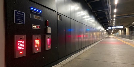 A well-designed subway station platform showcases illuminated signal lights and information boards....
