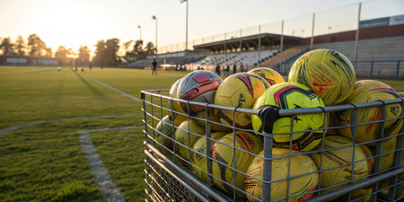 A vibrant sunset casts golden light over a soccer field where players are practicing. A metal cart filled with colorful training balls sits ready by the sidelines for upcoming drills.の写真素材