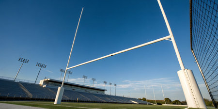 A wide view of goalposts on a football field showcases an empty stadium with seating rows under a bright blue sky during the late afternoon. The atmosphere is calm and serene.の写真素材