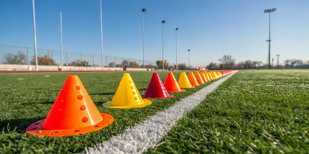 Brightly colored cones line the edge of a well-maintained soccer field, basking in sunlight during daytime practice. The setting showcases a clear sky, enhancing the sports atmosphere.の写真素材