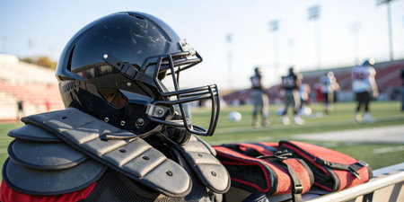 Close-up view of a football helmet and shoulder pads resting on the sidelines, while players practice drills on the field in the background during late afternoon.の写真素材