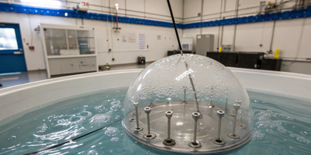 A water dome apparatus is actively being tested in a laboratory. Bubbles rise through the water,...