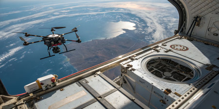 A drone is seen flying outside a spacecraft, capturing breathtaking aerial views of Earth's surface and the expansive ocean below. Sunlight glints off the water's surface, enhancing the visual beauty.の写真素材