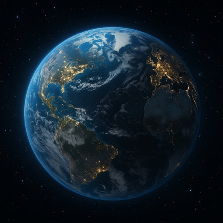 Earth from space during nighttime, showcasing vibrant city lights across continents and a delicate...