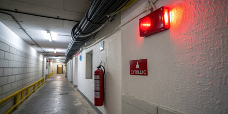 A well-lit corridor with emergency lights and signage is visible. Red emergency lights illuminate the space while a Cyrillic sign points to important information, ensuring safety.の写真素材