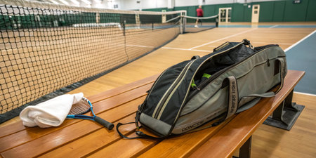 A tennis bag rests on a wooden bench beside a tennis court, with a towel and racquet nearby. Players prepare for practice in a well-lit indoor sports environment.の写真素材