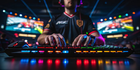A competitor is fully focused on the game, hands poised over a brightly lit keyboard while surrounded by cheering fans and large screens displaying thrilling action during an esports event.の写真素材
