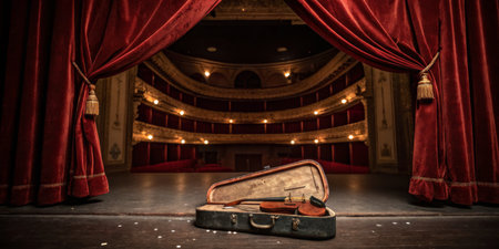 A violin case sits open on the stage of an empty theater, with red velvet curtains drawn back, hinting at an upcoming performance under soft lighting.の写真素材