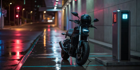An electric motorcycle stands parked next to a sleek charging station on a wet urban street....