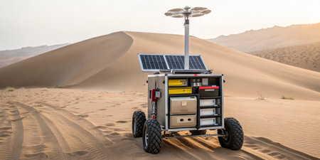 A robotic device equipped with solar panels stands on a sandy dune during sunset. Its purpose includes research, exploration, and technology development in challenging environments.の写真素材