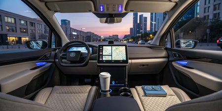 Inside a modern vehicle, the dashboard displays navigation while the city skyline is visible through...
