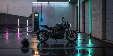 A sleek motorcycle stands parked on a glistening wet surface, illuminated by colorful neon lights against a contemporary building backdrop during nighttime.の写真素材