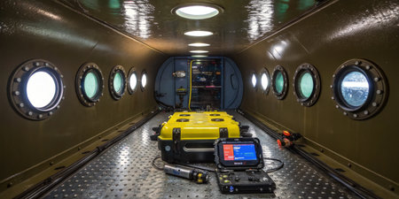 Inside a specialized underwater vehicle designed for deep-sea exploration, a yellow equipment box...