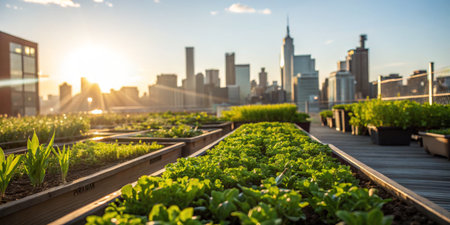 A vibrant rooftop garden filled with rows of leafy greens and vegetables is showcased against the backdrop of a bustling city skyline during sunset.の写真素材