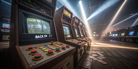 An interior view of a vintage arcade hall showcases multiple classic gaming machines with vibrant...