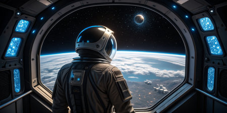 An astronaut observes a distant planet through the window of a spacecraft while floating in low Earth orbit, surrounded by the vastness of space and Earth below.の写真素材
