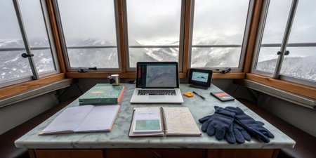 A workspace set up in a cozy cabin showcases a laptop, notebooks, and winter gear. Outside,...