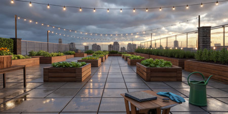 Rooftop garden features wooden vegetable beds, freshly watered plants, and a clear evening skyline with string lights twinkling as dusk approaches.の写真素材