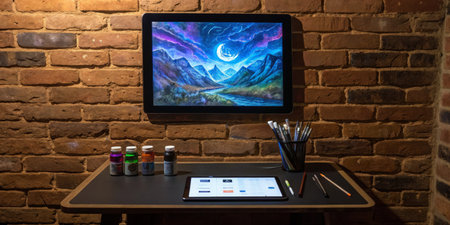 A creative workspace showcases a vibrant digital art display depicting mountains and rivers. Nearby,...
