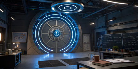Inside a modern laboratory, a large circular vault dominates the wall. Futuristic lighting enhances...