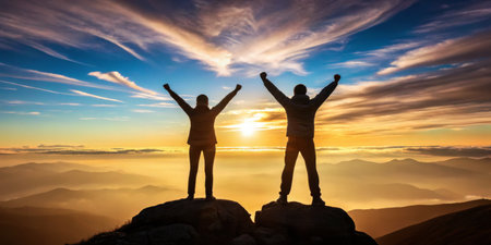 Two individuals stand triumphantly atop a rocky peak, silhouetted against a vibrant sunset and expansive clouds. The surrounding mountains add to the breathtaking view.の写真素材