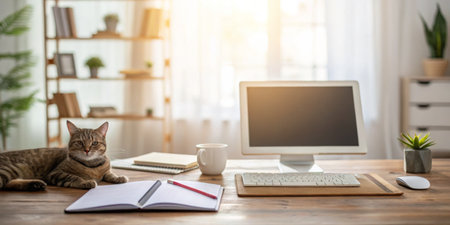 A cozy home office features a relaxed cat lying beside a notebook and a computer. Sunlight filters through the window, enhancing the warm atmosphere of the workspace.の写真素材