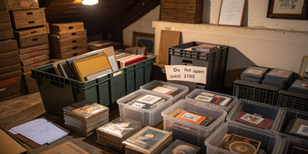Various boxes and containers filled with photographs, framed art, and documents are organized in a...