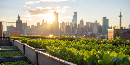 Lush green plants thrive in raised beds on a rooftop garden, with a vibrant sunset illuminating the city skyline in the background. The scene captures urban gardening's beauty and sustainability.の写真素材