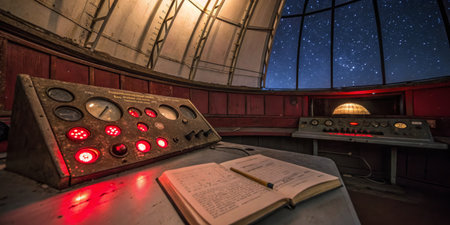 Inside a historic observatory, vintage control panels glow softly in the dim light while a clear starry sky provides a stunning backdrop. An open notebook rests on the desk, documenting observations.の写真素材