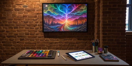 A colorful digital artwork of a tree fills the wall in a cozy art studio. A palette with various...