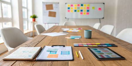 A spacious workspace is arranged for collaboration, showcasing planning notebooks, colorful sticky...