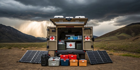 An emergency response vehicle is parked in a rugged mountain area, displaying first aid supplies and solar panels against a backdrop of dark storm clouds, suggesting preparation for urgent situations.の写真素材