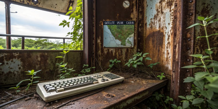 Inside an abandoned satellite uplink cabin, an outdated keyboard sits on a rusty table surrounded by thick foliage. Nature has reclaimed this forgotten space, highlighting its desolation.の写真素材