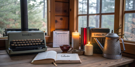 A rustic cabin writing nook features a vintage typewriter and an open book. Candles illuminate the space, creating a cozy atmosphere with books and a calendar nearby.の写真素材