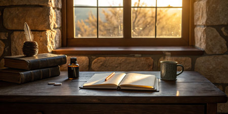 Soft golden light filters through a window, highlighting a wooden desk with an open notebook, ink bottle, a coffee mug, and a few books, creating a serene writing atmosphere.の写真素材