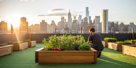 A man tends to plants in a rooftop garden in New York City during sunset. The skyline creates a...