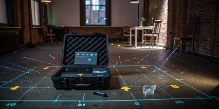 A tech setup in a spacious loft with exposed brick walls features a suitcase opened to reveal...