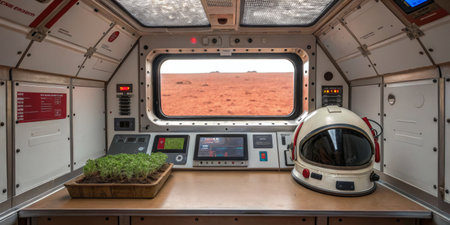 Inside a Martian habitat, a green plant grows on a workstation next to a space helmet and various control panels. The vibrant red Martian landscape is visible outside the window.の写真素材